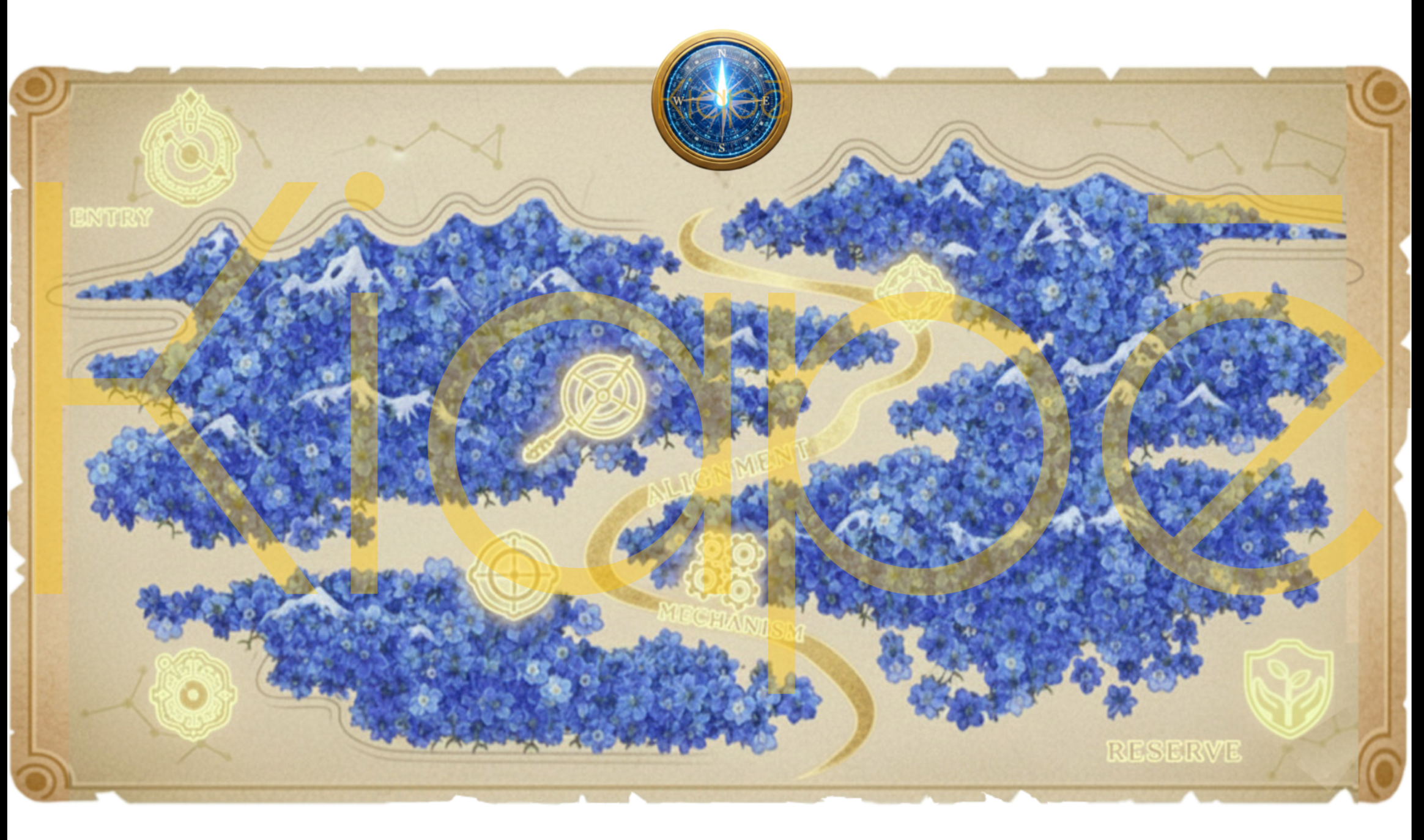 A vintage-style botanical map featuring blue delphiniums with gold icons for Entry, Alignment, Mechanism, and Reserve.